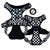 Cooling dog harness with handle in black and white checkered design from the front and back with patent-pending badge