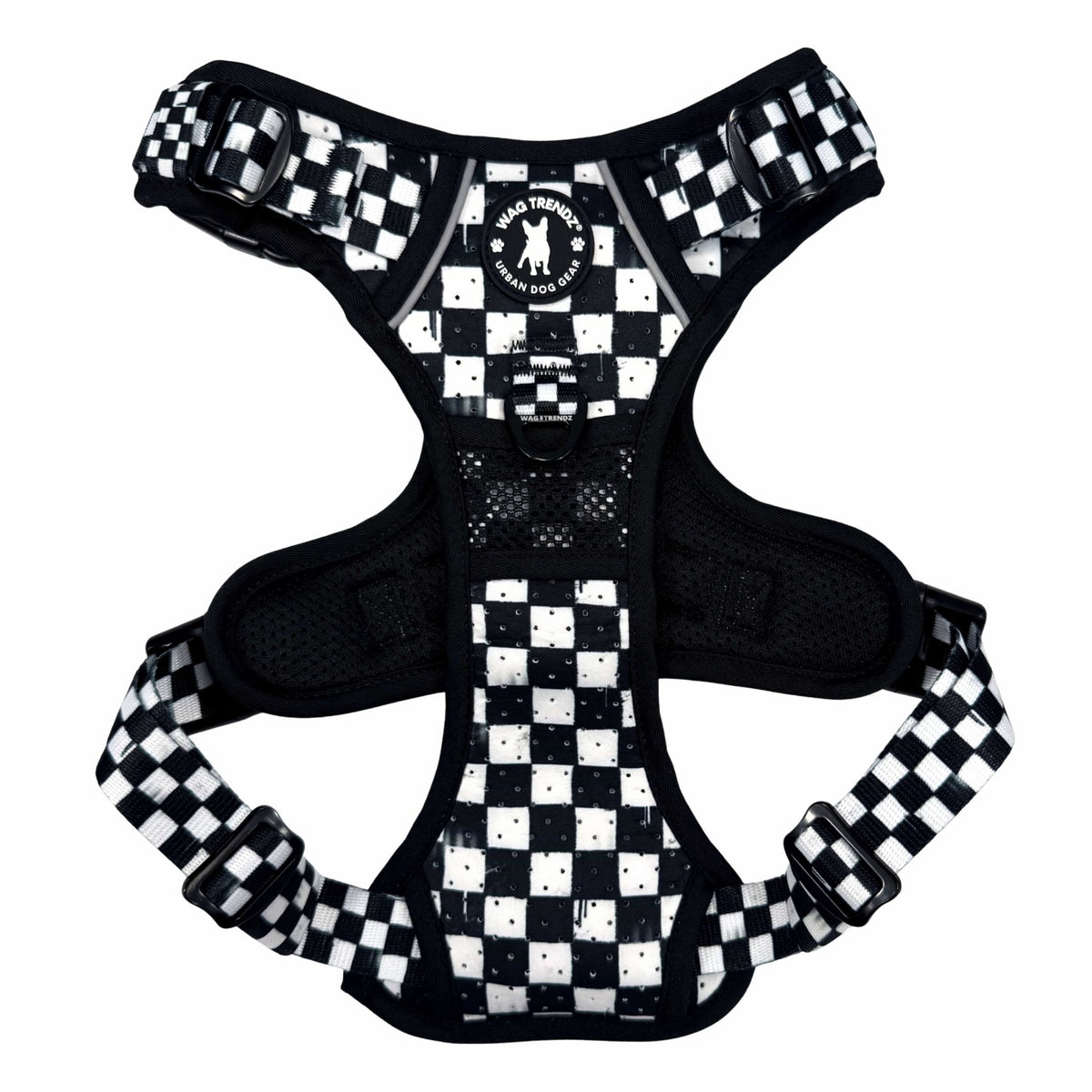 Cooling dog harness with handle, padded mesh, and adjustable black &amp; white checkered straps