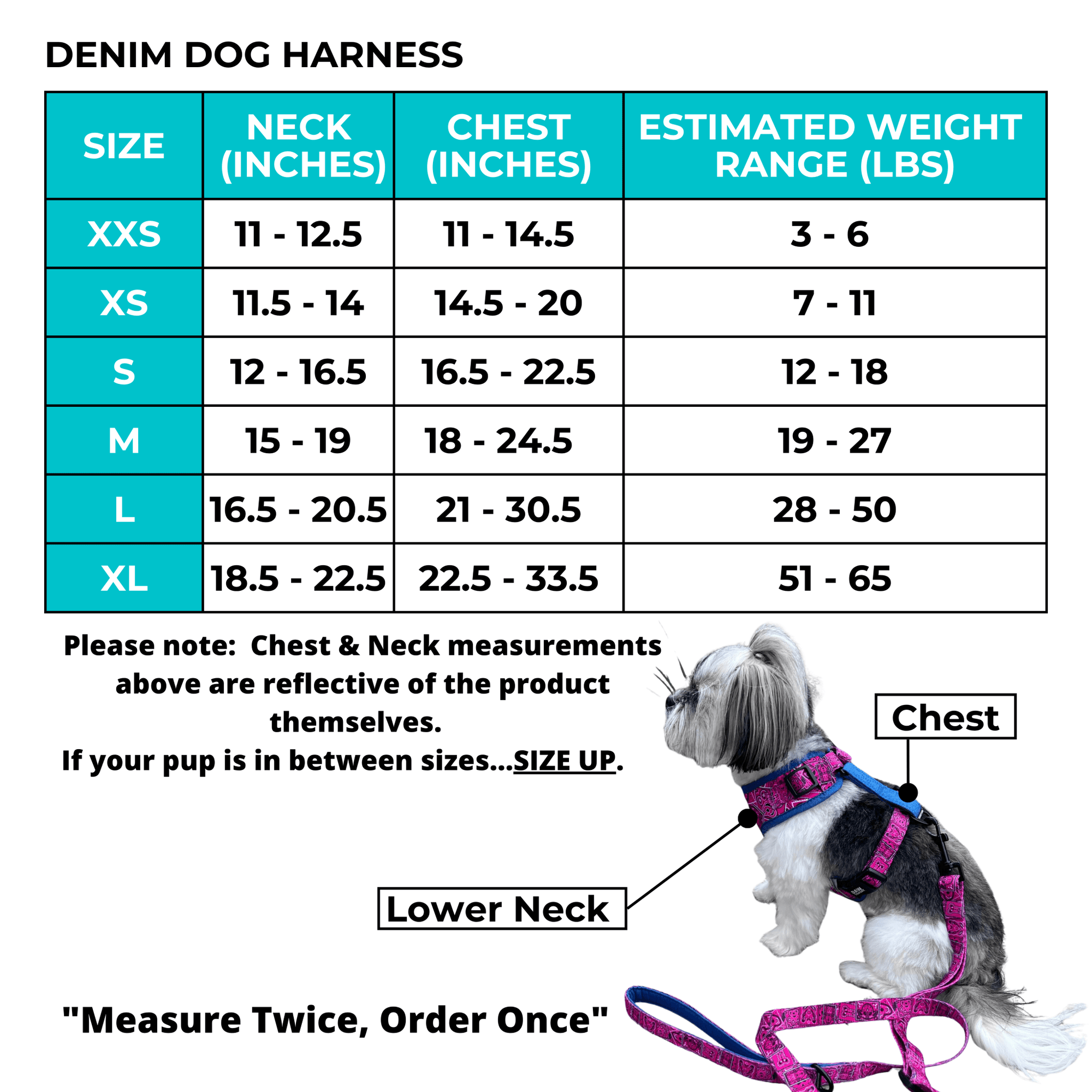 Size chart table for a denim dog harness showing sizes XXS through XL with neck, chest, and estimated weight range measurements. Includes a small dog wearing the harness with labeled chest and lower neck points.
