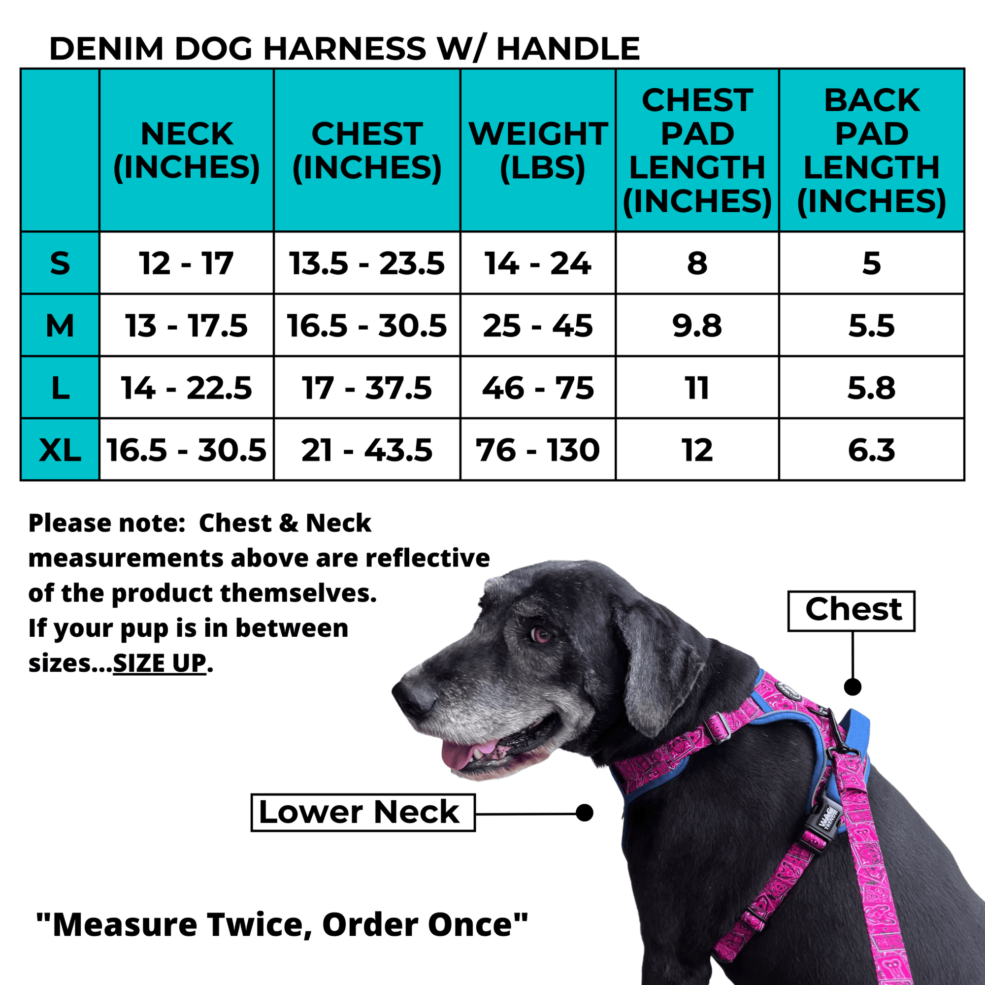 Denim No Pull Dog Harness with Handle Size Chart | Wag Trendz