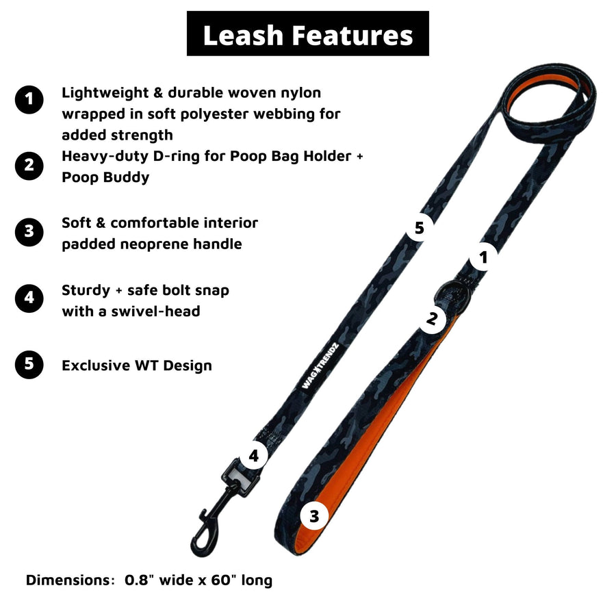 Dog Collar and Leash Set - black and gray camo dog leash with a bold orange stripe - with product feature captions - against solid white background - Wag Trendz