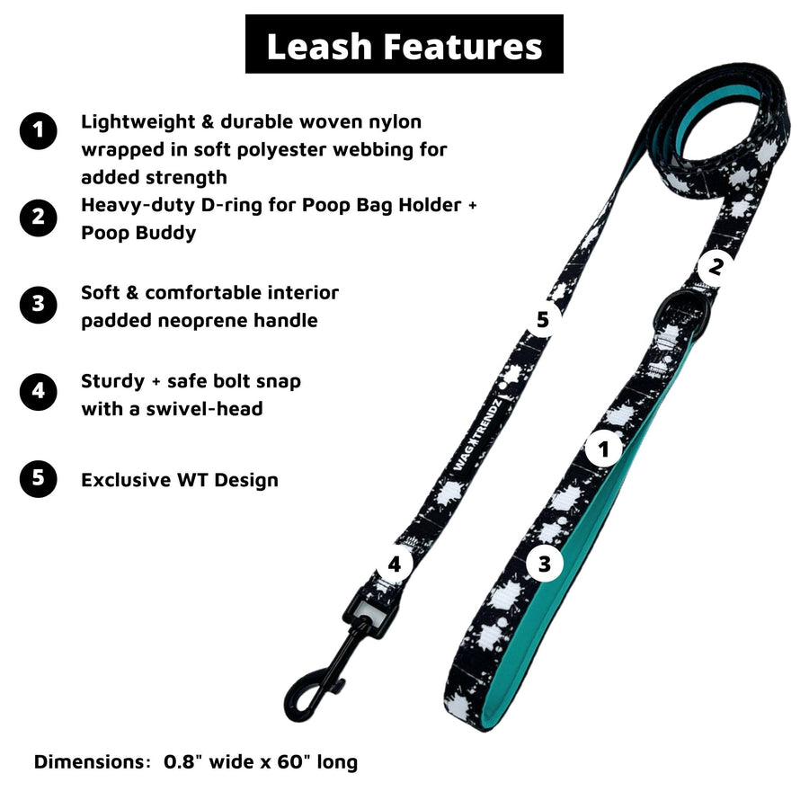 Dog Collar and Leash Set - Dog Leash in black with white paint splatter and bold teal stripe - with product feature captions - against solid white background - Wag Trendz