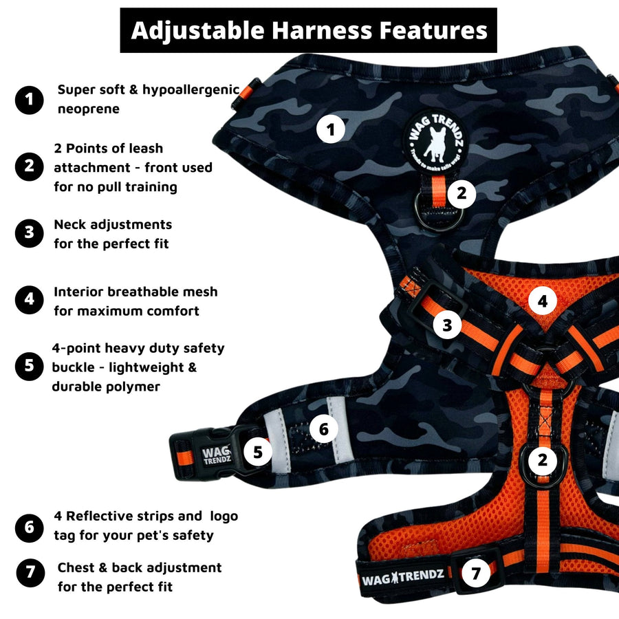 Dog Collar Harness and Leash Set - Dog Adjustable Harness in black & gray camo with bold orange accents - with product feature captions - chest and back side - against solid white background - Wag Trendz