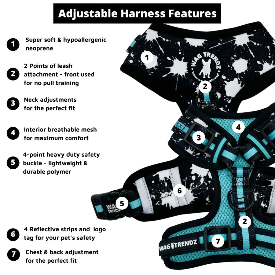 Dog Collar Harness and Leash Set - Dog Adjustable Harness in black with white paint splatter design and bold teal accents - product feature captions - chest side - against solid white background - Wag Trendz