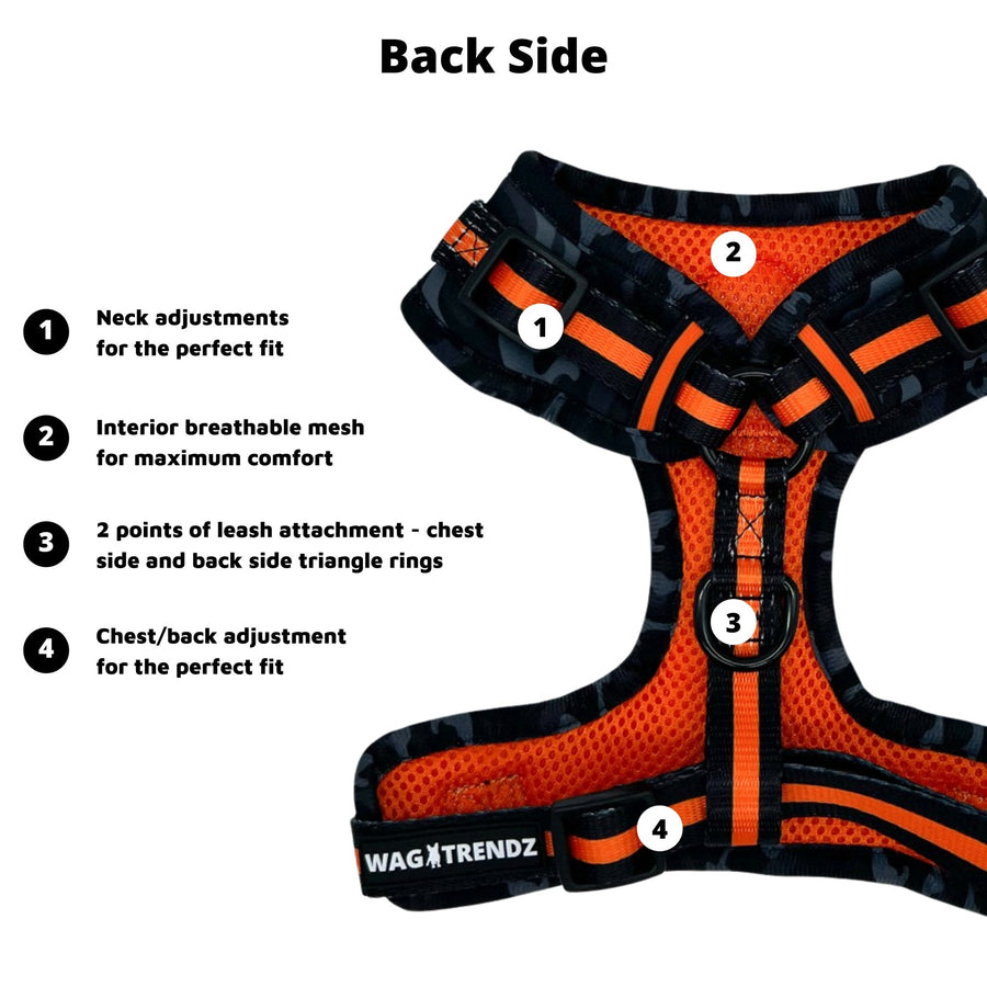 Dog Harness and Leash Set - Black & Gray camo dog harness with Orange Accents - product feature captions - back side - against solid white background - Wag Trendz