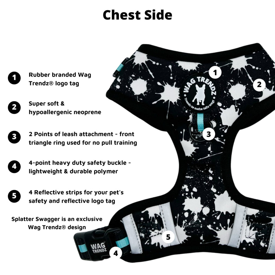 Dog Harness and Leash Set - black harness vest in white paint splatter with teal accents - product feature captions - chest side view - against solid white background - Wag Trendz