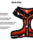 Dog Harness Vest - black and gray camo with orange accents - back side view with product feature captions - against solid white background - Wag Trendz