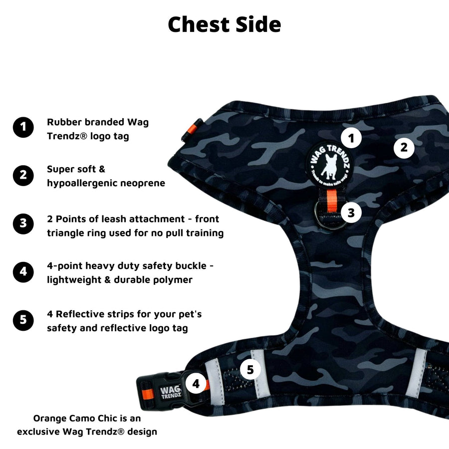 Dog Harness Vest - black and gray camo with orange accents on dog adjustable harness with front clip - chest side view against a white background - with product feature captions - Wag Trendz
