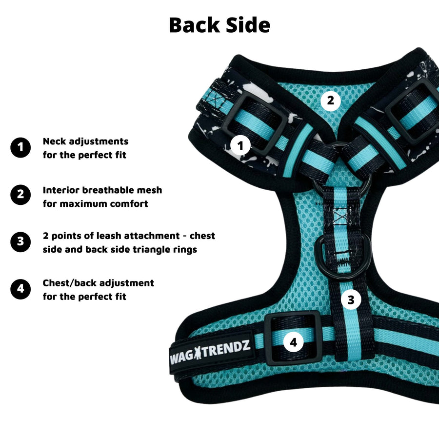 Dog Harness Vest - No Pull - black adjustable harness with white paint splatter and teal accents with product feature captions - against a solid white background - Wag Trendz