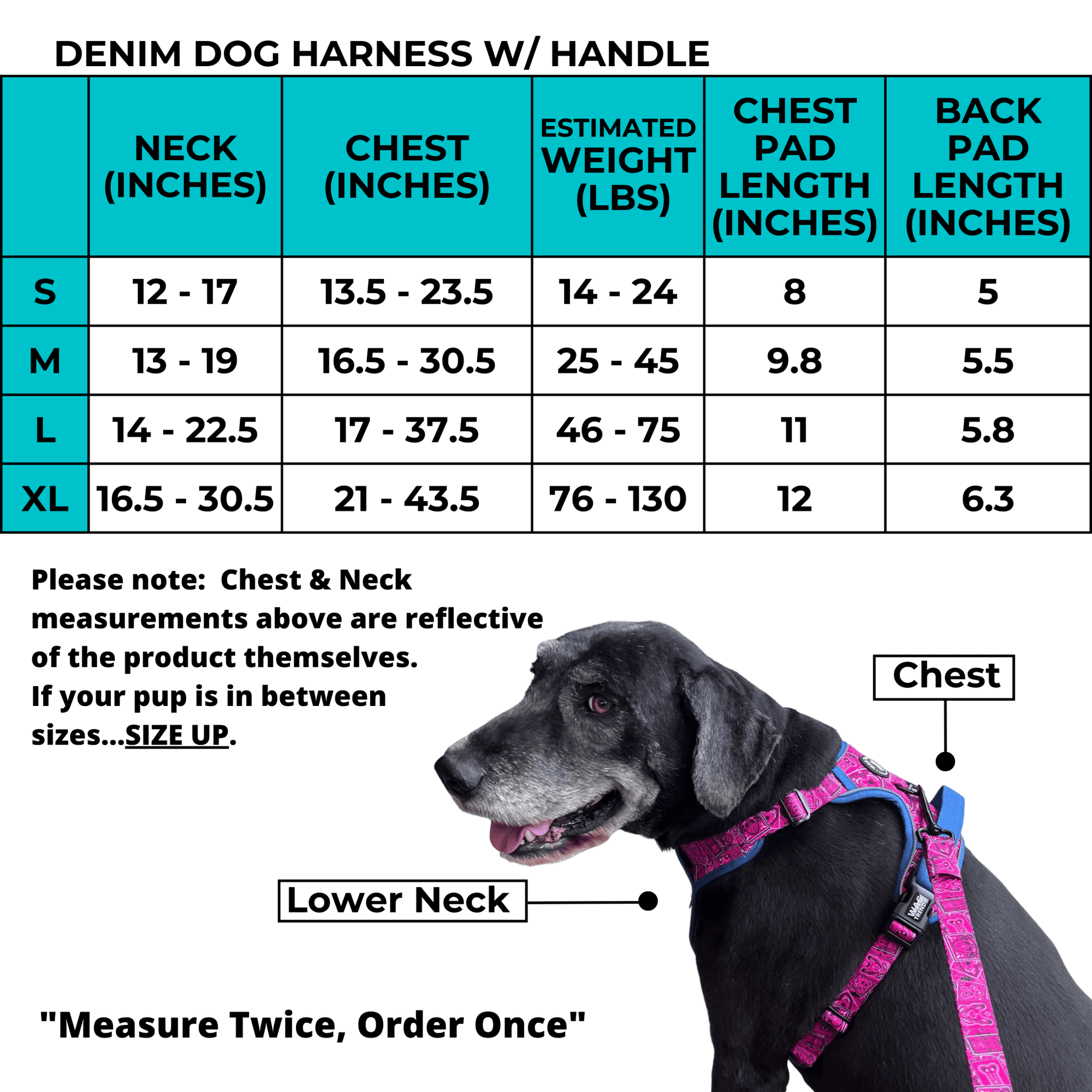 Denim No Pull Dog Harness with Handle Size Chart | Wag Trendz