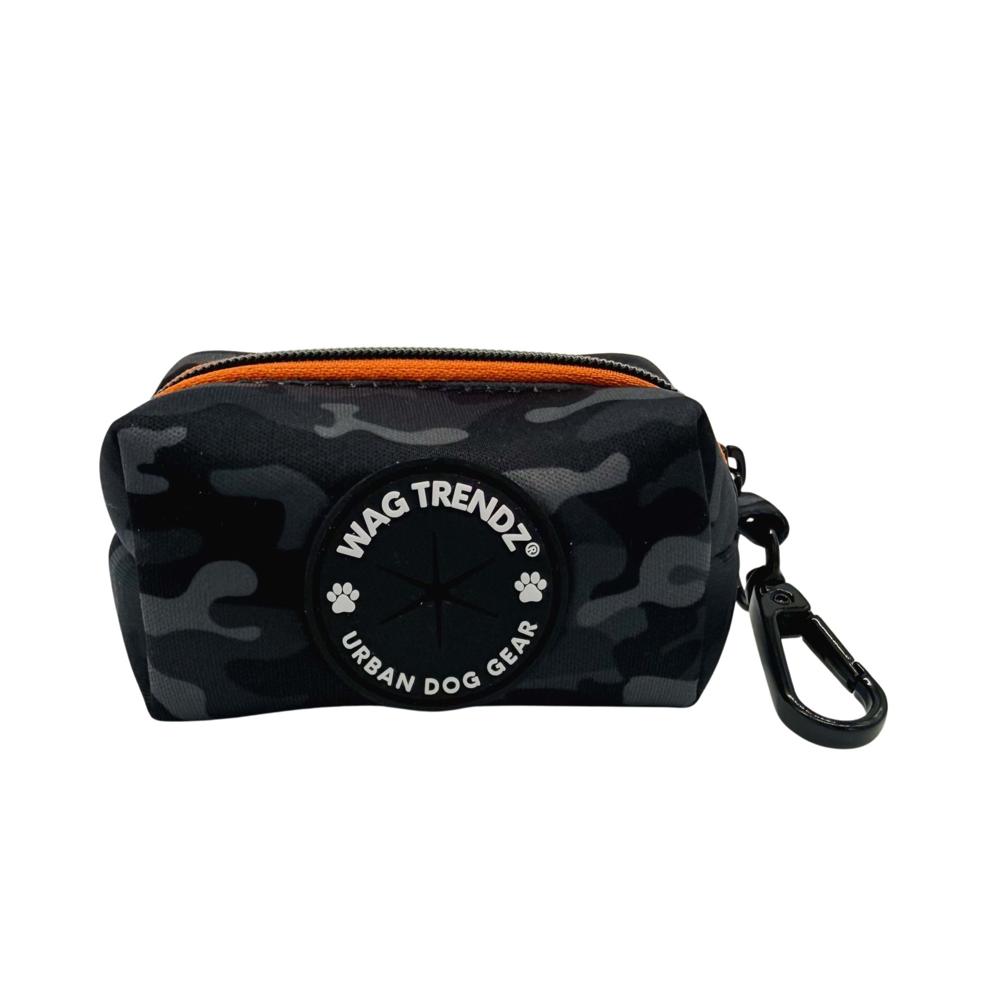Dog Poop Bag Holder in black and gray camouflage and orange accents with Wag Trendz logo on a white background