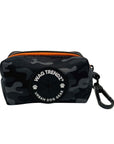 Dog Poop Bag Holder in black and gray camouflage and orange accents with Wag Trendz logo on a white background