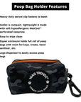 Dog Poop Bag Holder in black and gray camo with orange accents with features listed on a white background