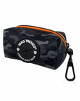 Dog Poop Bag Holder in black and gray Camouflage with orange zipper and 'Wag Trendz' logo on a white background