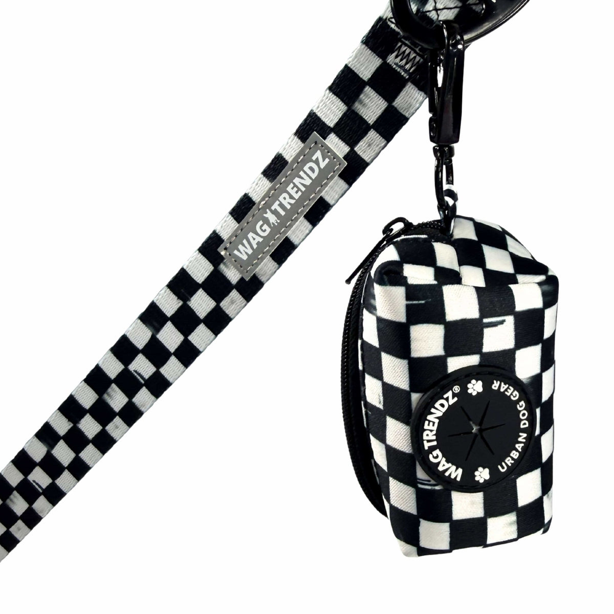 Dog poop bag holder attached to a matching black and white checkered leash