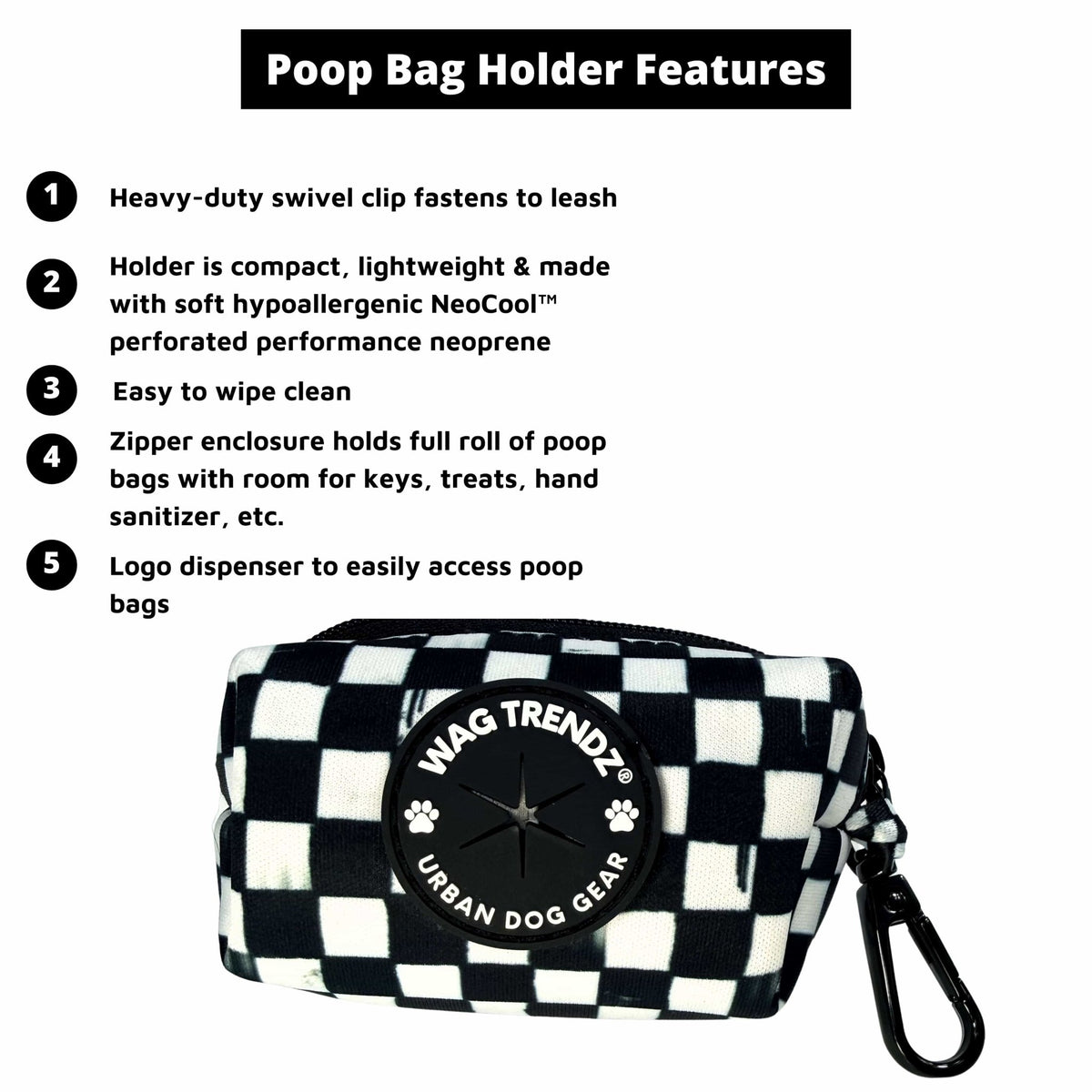 Dog poop bag holder features infographic with black & white checkered pattern and carabiner