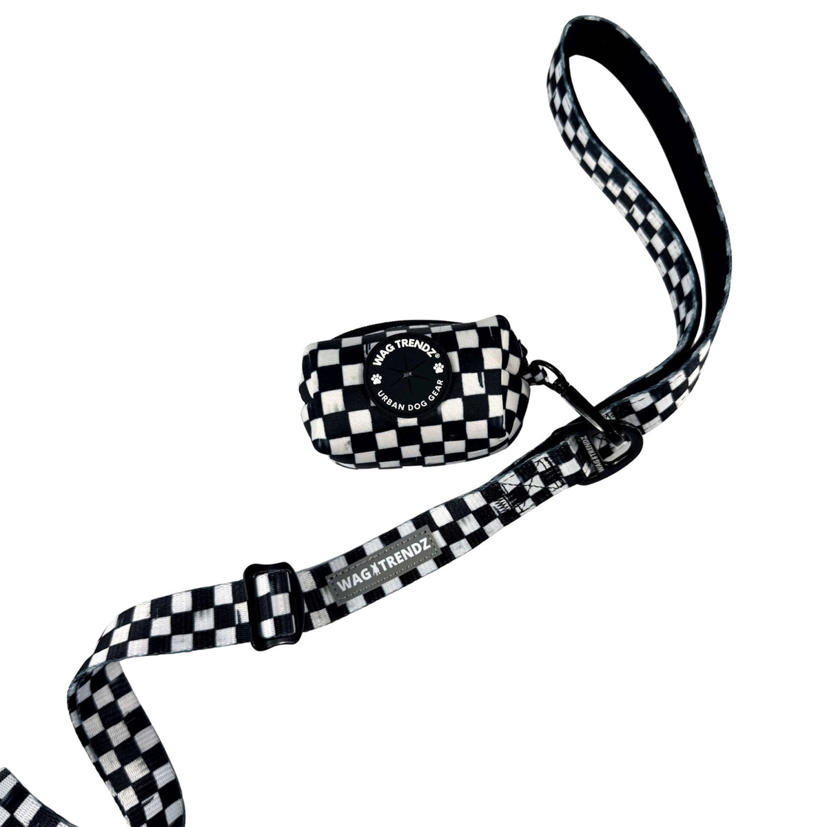 Dog poop bag holder with matching black and white checkered leash and reflective brand label