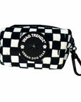 Dog poop bag holder with black and white checkered design and carabiner clip