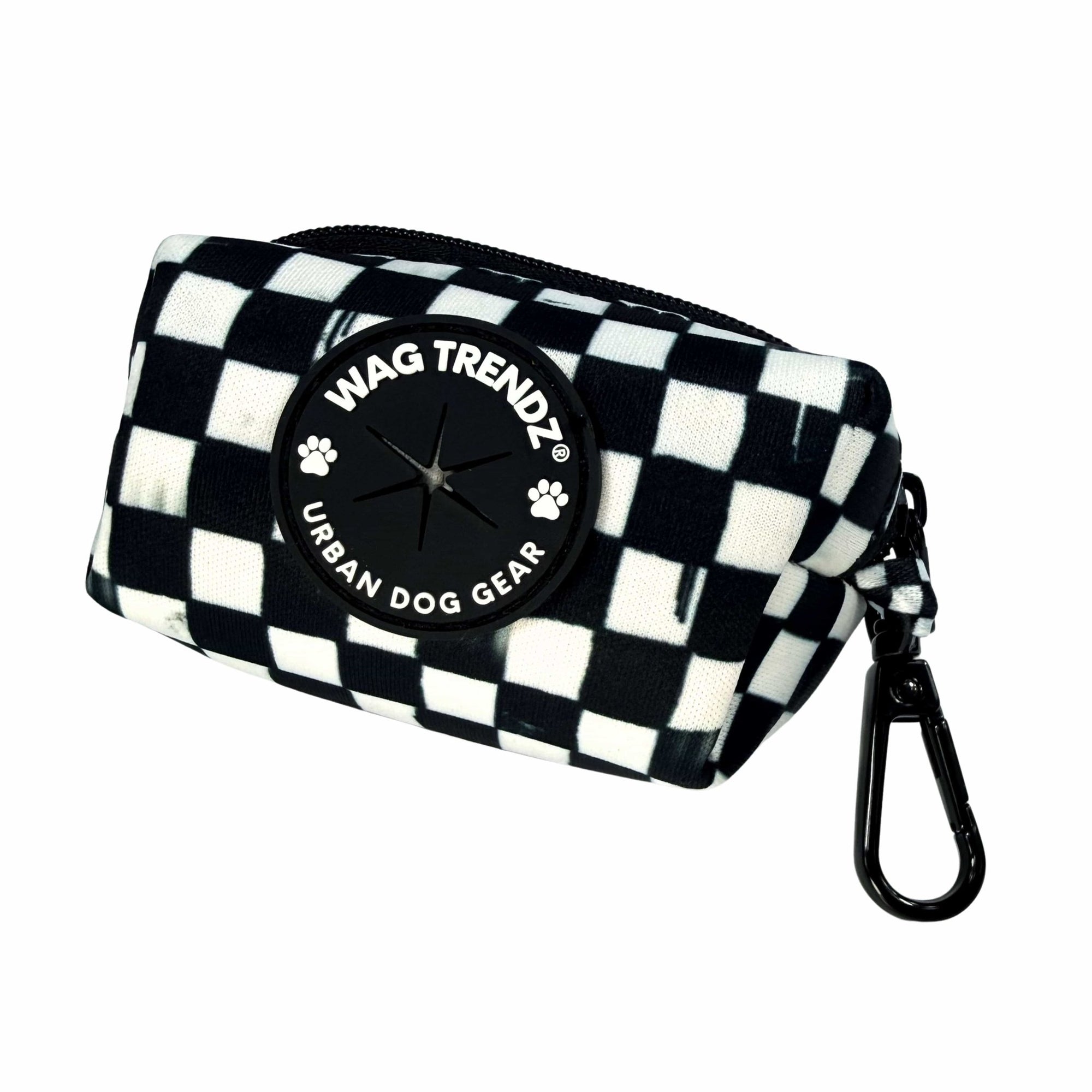 Dog poop bag holder with black and white checkered design and carabiner clip