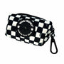 Dog poop bag holder with black and white checkered design and carabiner clip