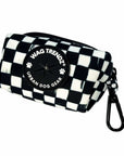 Dog poop bag holder with black and white checkered design and carabiner clip