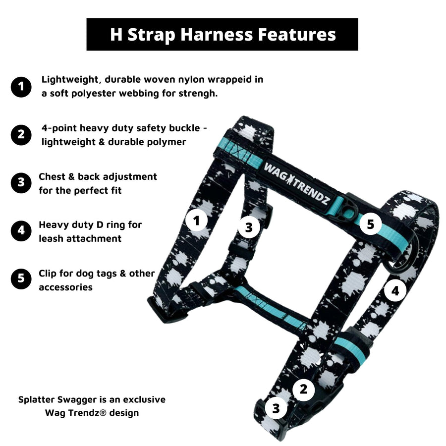 H Dog Harness - Roman Dog Harness - large black with white paint splatter and teal accents - product feature captions - against solid white background - Wag Trendz