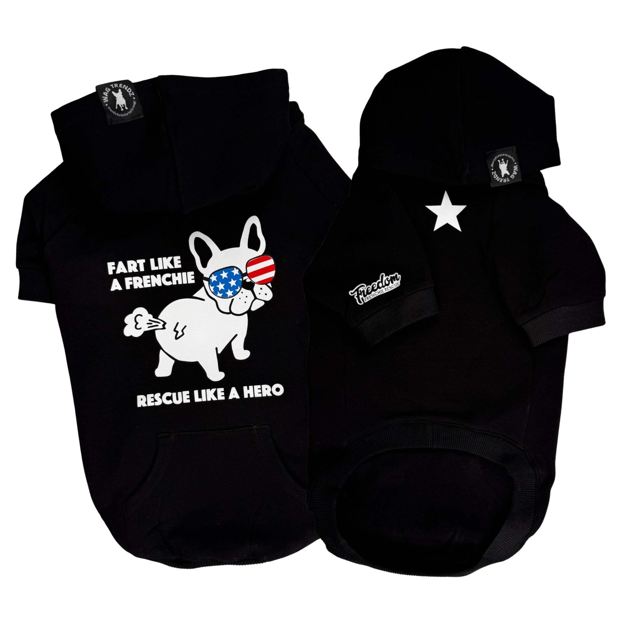 French Bulldog Hoodie “Fart Like A Frenchie Rescue Like A Hero” graphic hooded sweatshirt - black with French Bulldog wearing USA sunglasses and star on chest- against solid white background - Wag Trendz