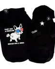 French Bulldog Hoodie “Fart Like A Frenchie Rescue Like A Hero” graphic hooded sweatshirt - black with French Bulldog wearing USA sunglasses and star on chest- against solid white background - Wag Trendz
