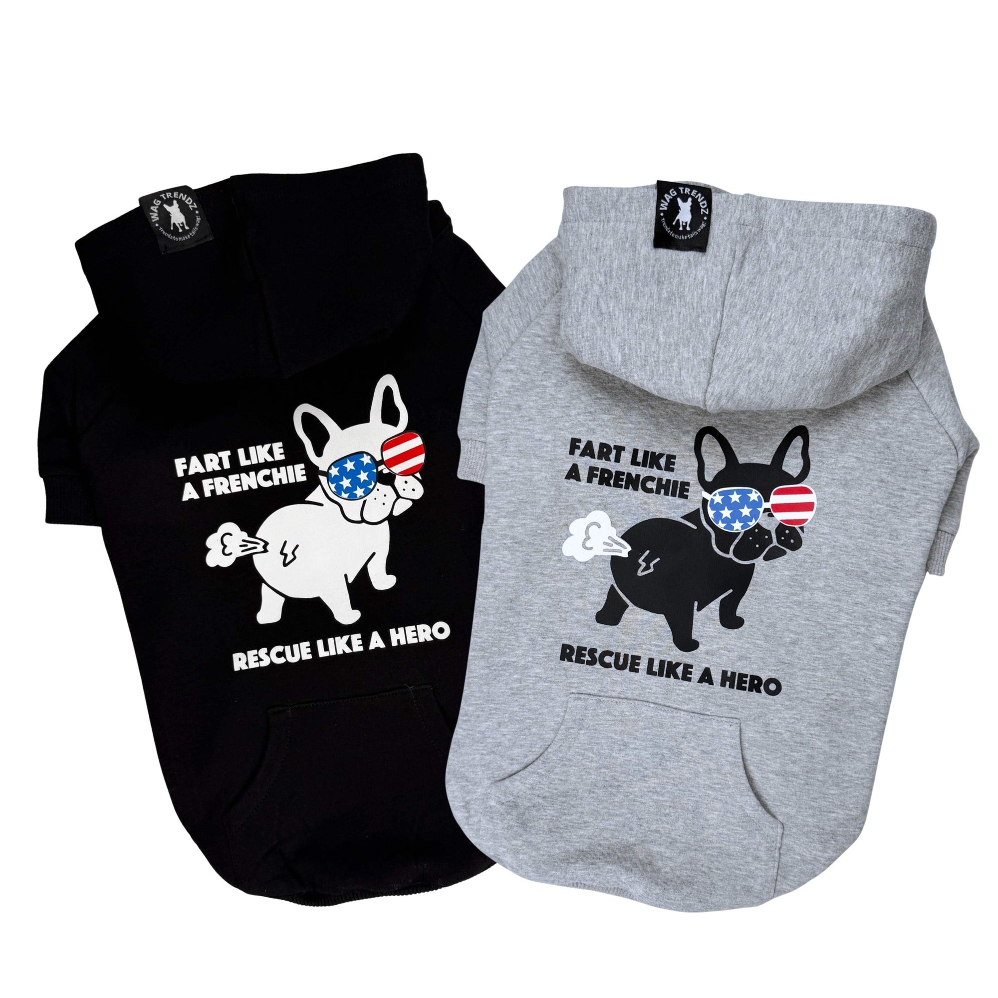 French Bulldog Hoodie  - Fart Like a Frenchie Rescue Like A Hero” graphic hooded sweatshirt - black and gray with French Bulldog wearing USA sunglasses - against solid white background - Wag Trendz