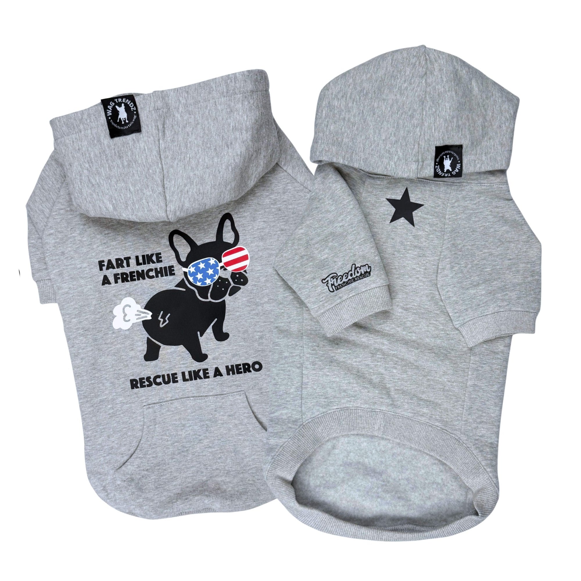 French Bulldog Hoodie - “Fart Like A Frenchie Rescue Like A Hero” graphic hooded sweatshirt - grey with French Bulldog wearing USA sunglasses and star on chest - against solid white background - Wag Trendz