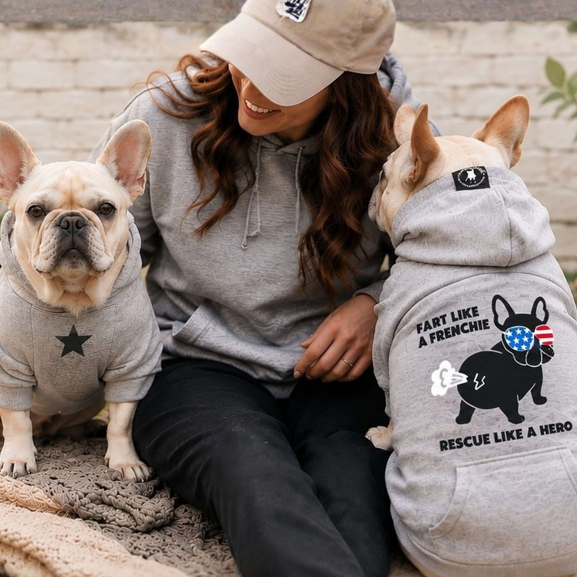 Woman sitting with two dogs wearing rescue gray hoodies, one with a star design and the other with a humorous message.