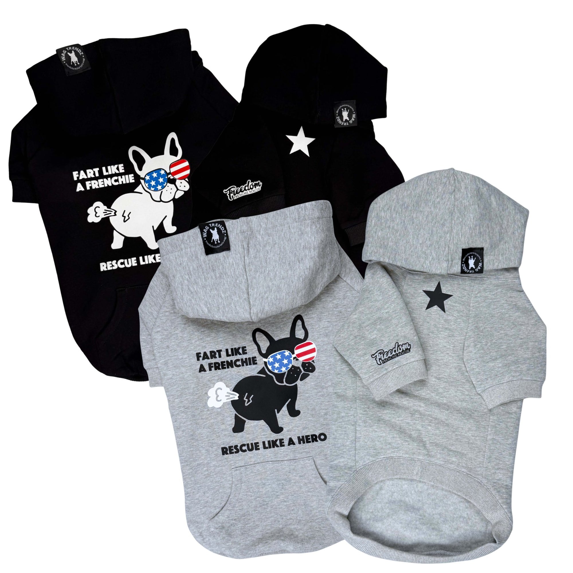 French Bulldog Hoodie “Fart Like A Frenchie Rescue Like A Hero” graphic hooded sweatshirt - black  and gray with French Bulldog wearing USA sunglasses and star on chest- against solid white background - Wag Trendz