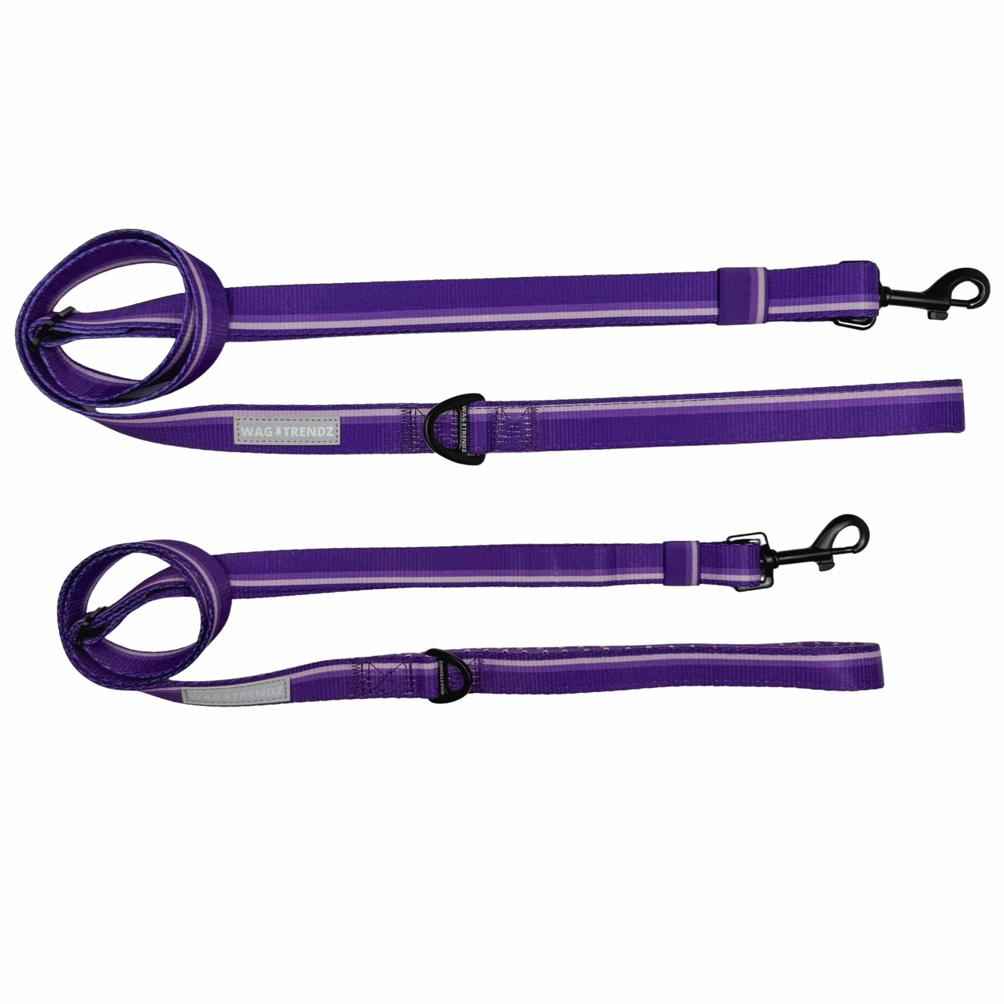 NeoCool Sport Adjustable leashes in purple with black metal clips and reflective tags on a white background