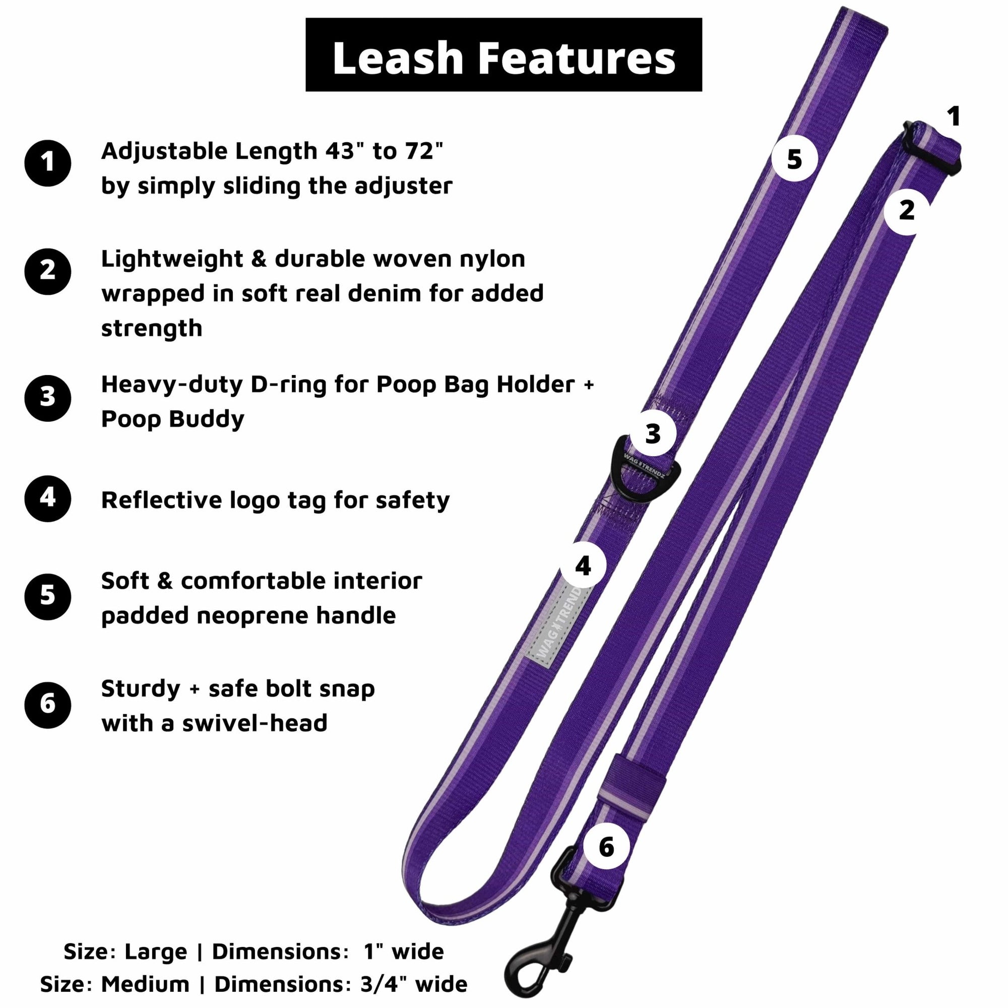 NeoCool Sport Adjustable leash in purple - with features listed on a white background