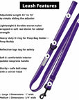 NeoCool Sport Adjustable leash in purple - with features listed on a white background