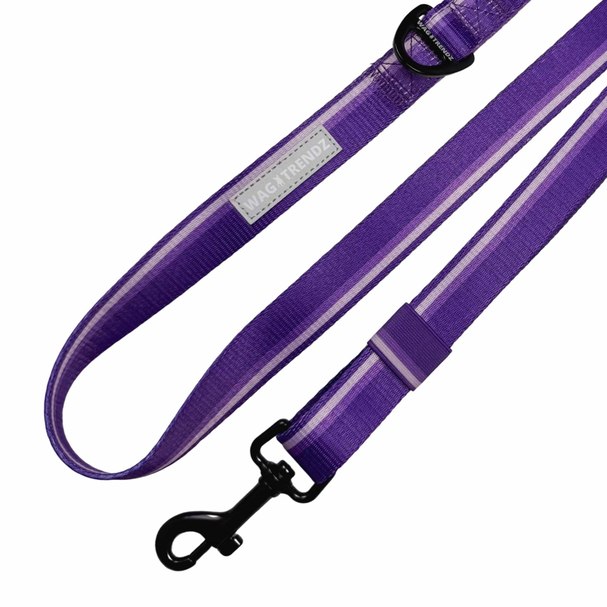 NeoCool Sport Adjustable leash with purple stripe design and reflective &#39;Wagtrendz&#39; branding on a white background