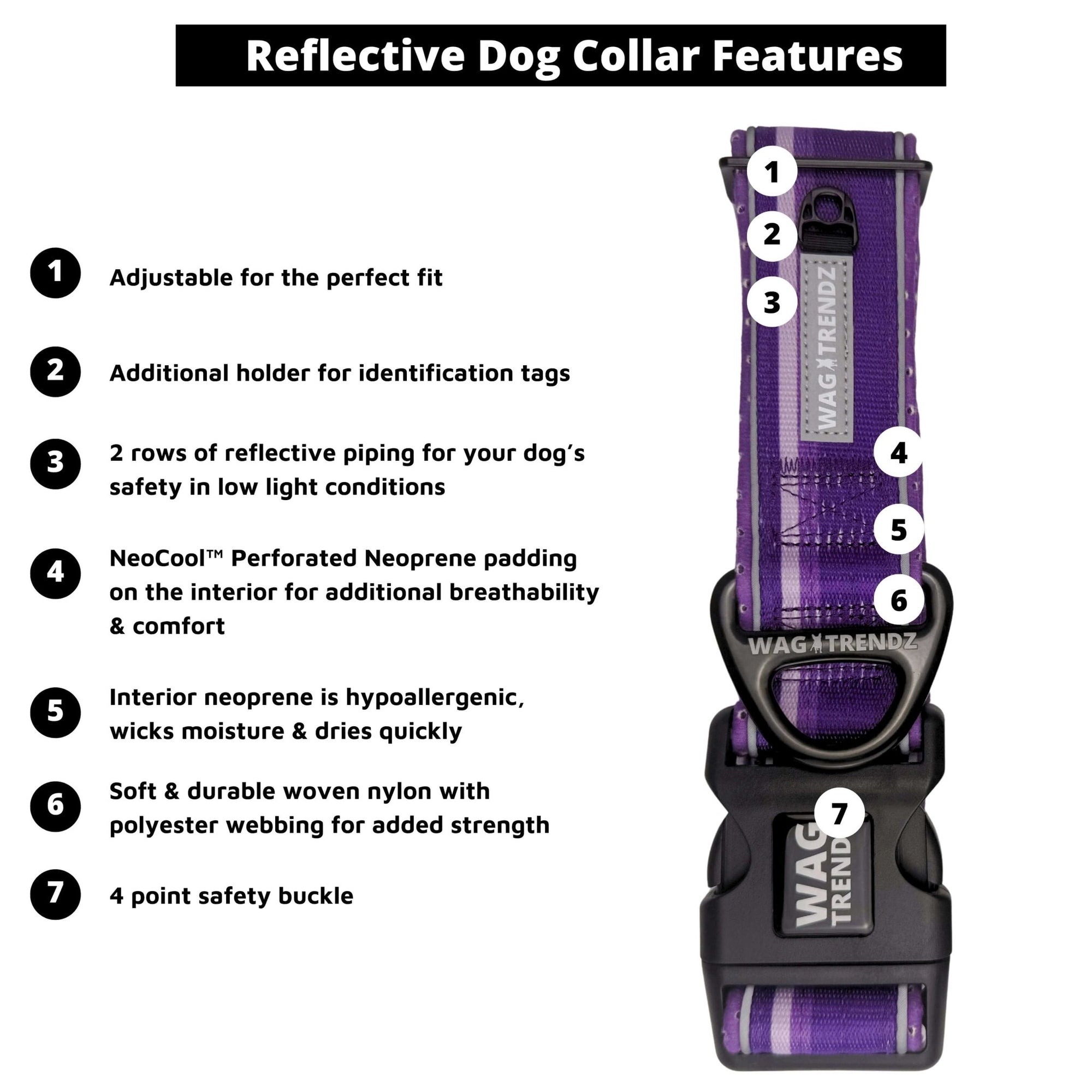 NeoCool™ Sport Reflective Dog Collar in Purple with features listed on a white background