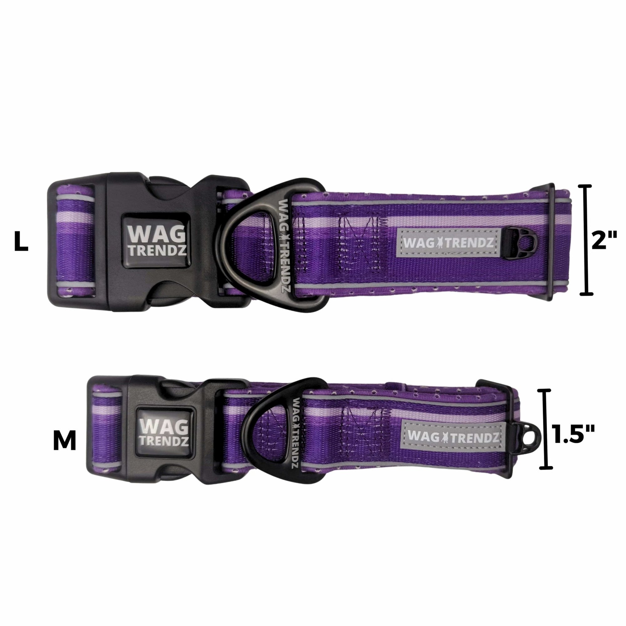 Two NeoCool™ Sport Dog Collars in Purple with measurement labels on a white background with reflective accents, featuring the brand &#39;Wag Trendz&#39;.