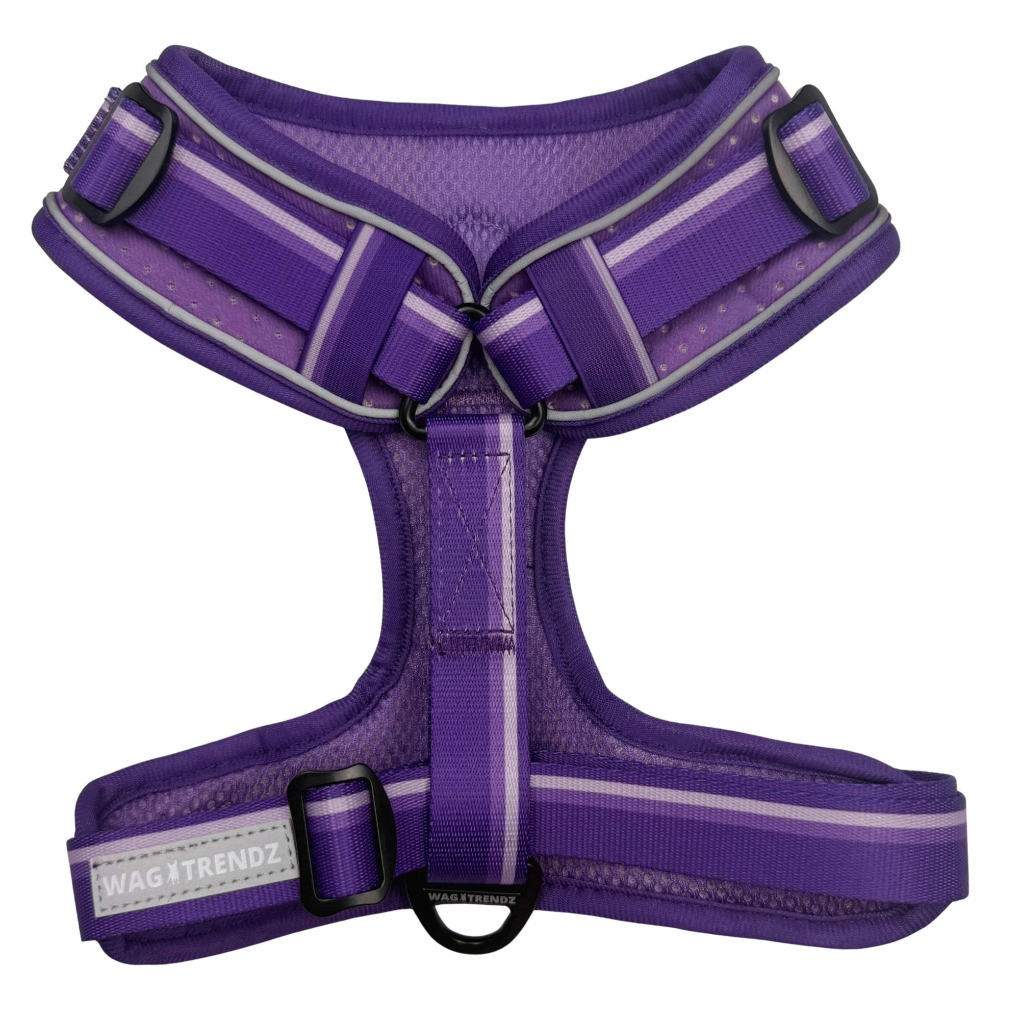 NeoCool Sport Dog Harness in Purple with reflective logo tag on a white background