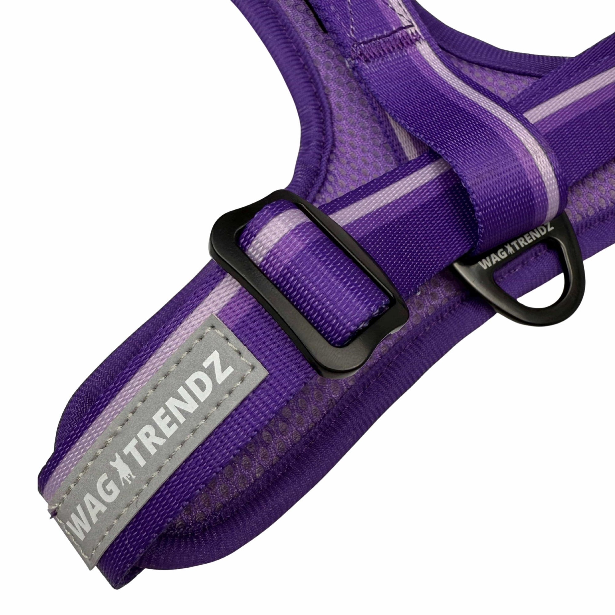 NeoCool Sport Dog Harness in Purple with &#39;Wag Trendz&#39; reflective log label on a white background