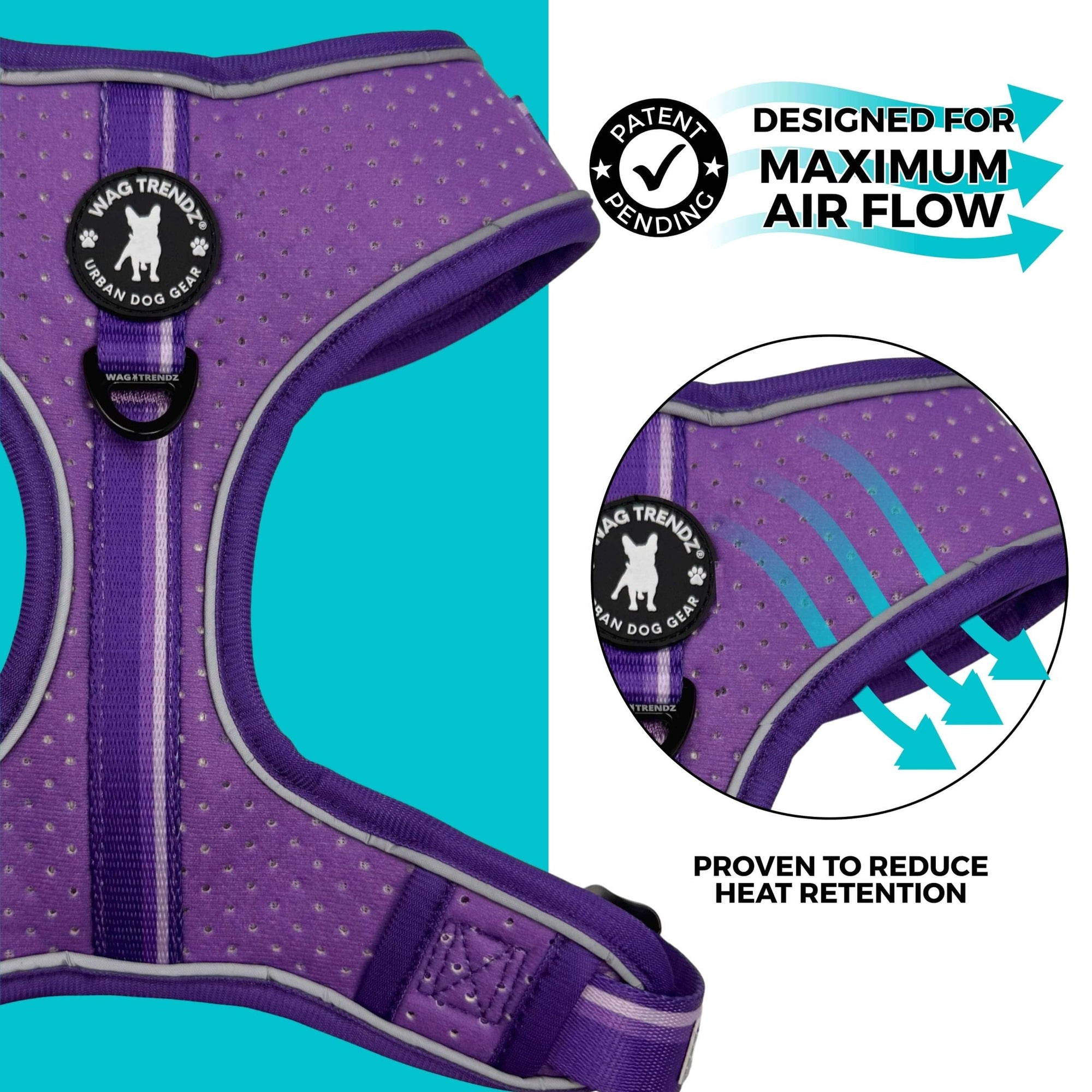 NeoCool Sport Dog harness in Purple with text 'Designed for maximum air flow' and 'Proven to reduce heat retention' pop outs