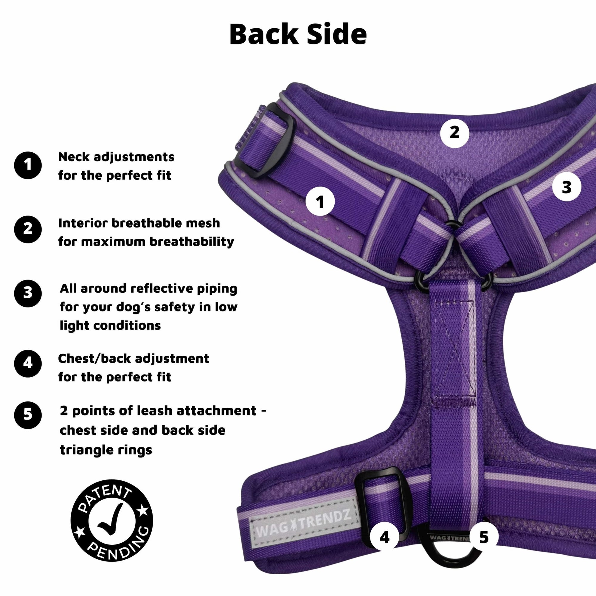 NeoCool Sport Dog Harness in Purple with features labeled and patent pending symbol on a white background