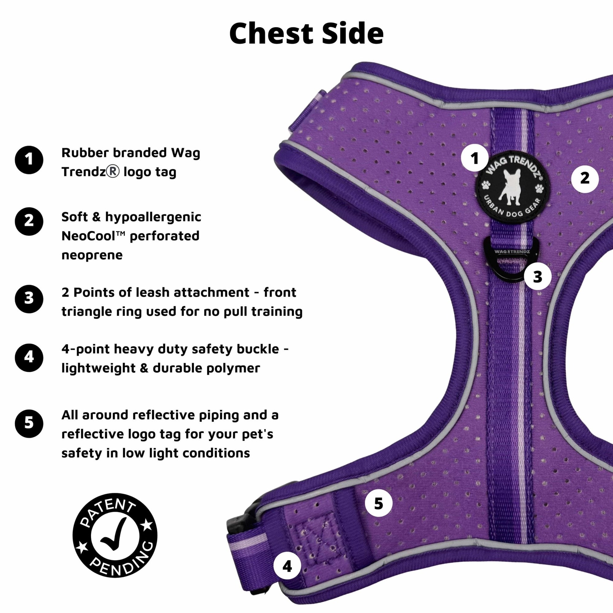 NeoCool Sport Dog Harness in Purple chest side view with features listed on a white background