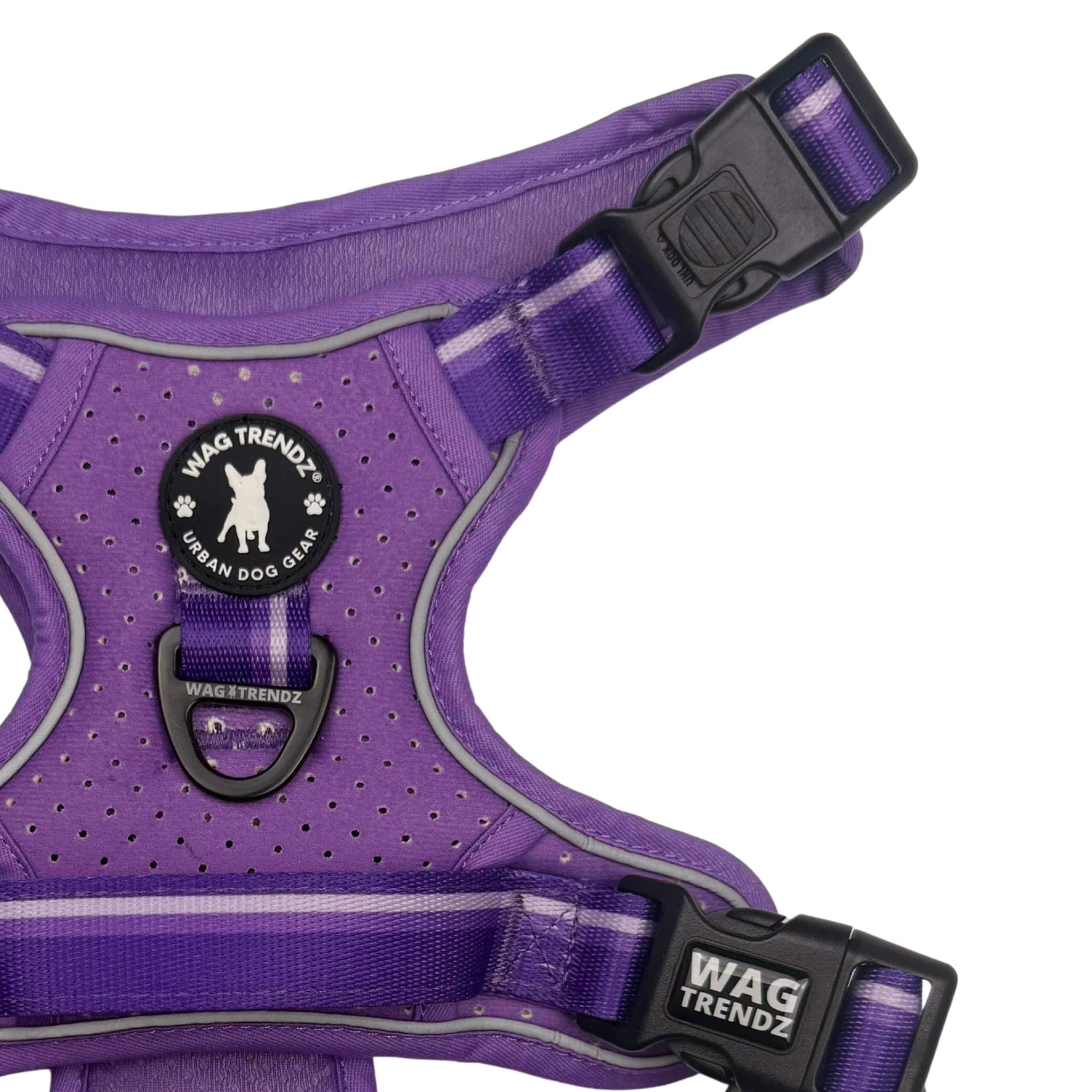 NeoCool™ Sport Dog Harness with Handle in purple with medium and light purple accents with &#39;Wag Trendz&#39; branding on a white background