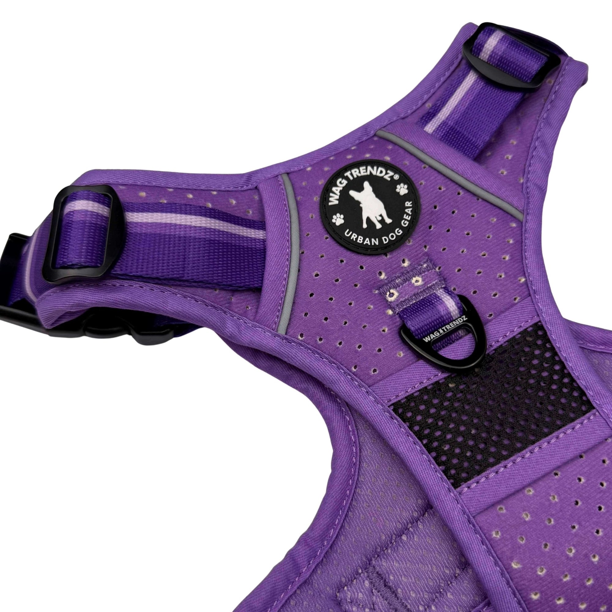 NeoCool™ Sport Dog Harness with Handle in purple with medium and light purple accents with visible &#39;Wag Trendz&#39; branding on a white background