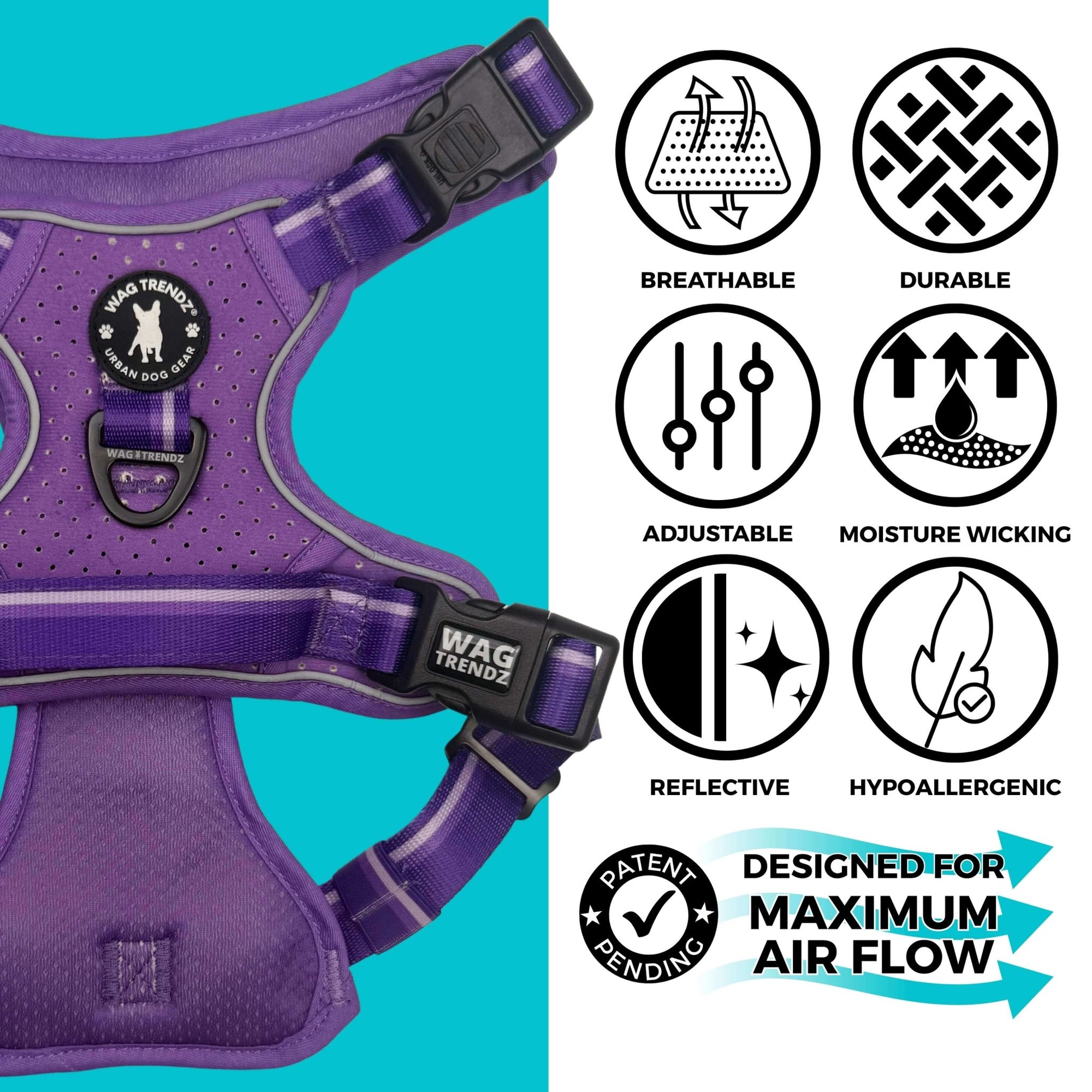 NeoCool™ Sport Dog Harness with Handle in bold purple with medium and light purple accents with cooling features listed on a white and teal background