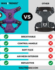 NeoCool™ Sport Dog Harness with Handle in purple with comparison chart of Wag Trendz NeoCool™ Harness w/ Handle vs. other harnesses with features listed.