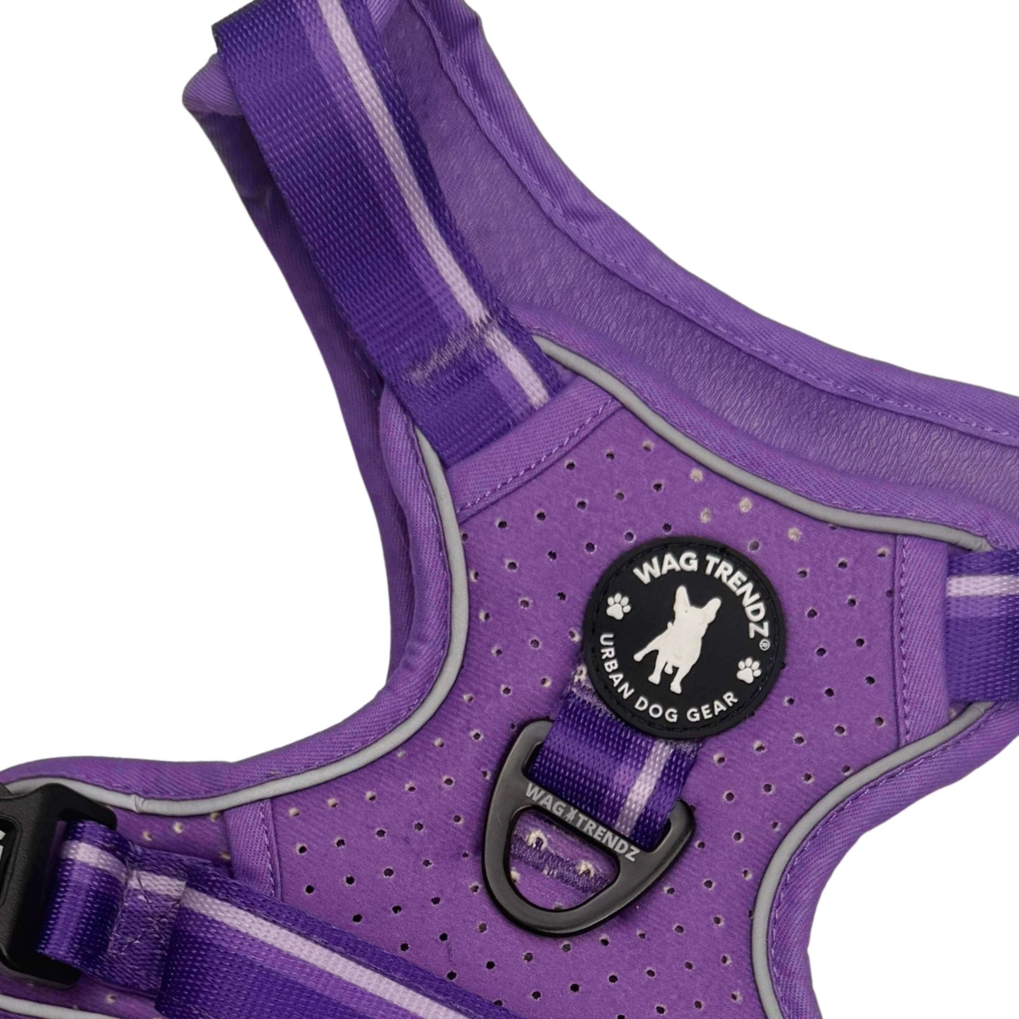 NeoCool™ Sport Dog Harness with Handle in bold purple with medium and light purple accents with &#39;Wag Trendz&#39; branding on a white background