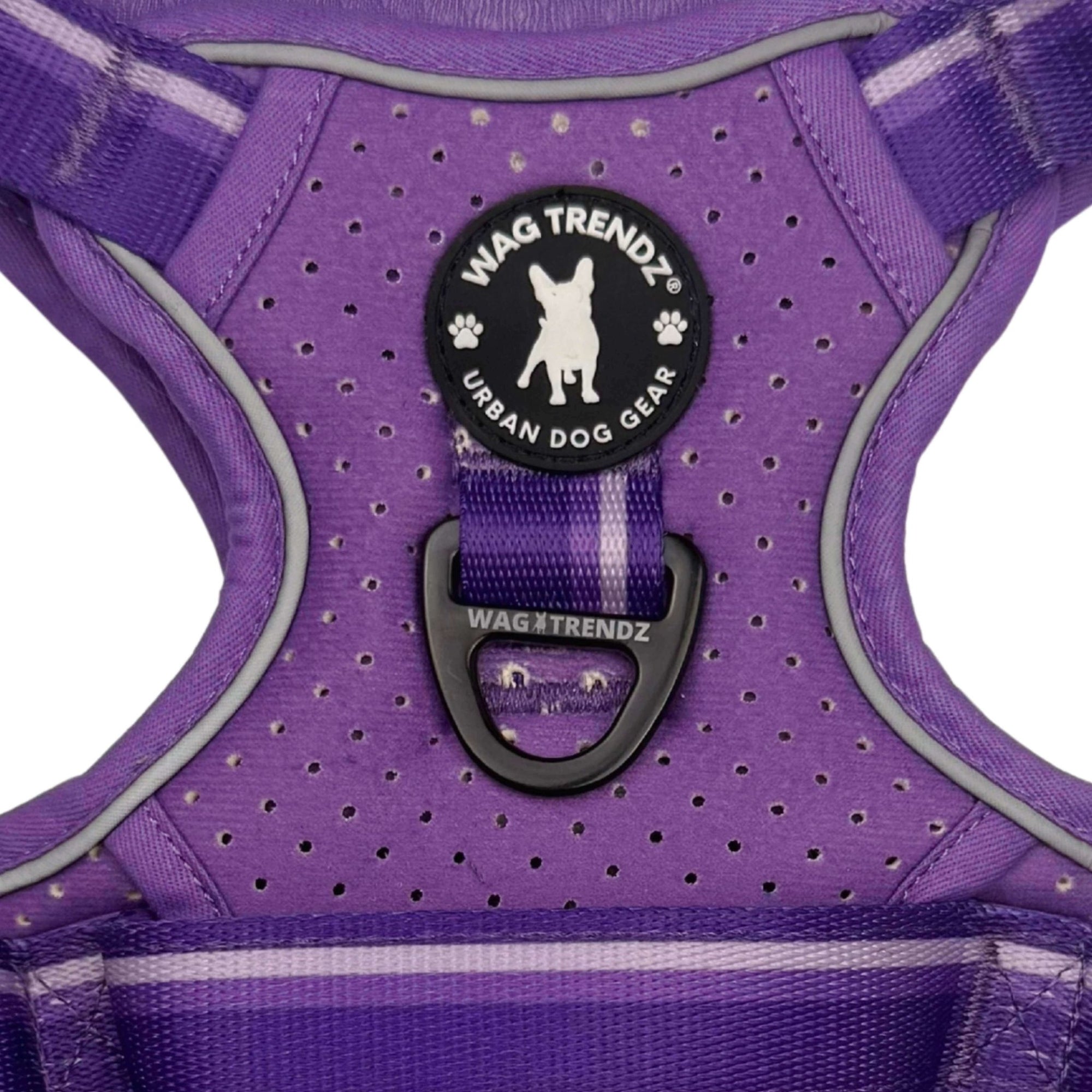 NeoCool™ Sport Dog Harness with Handle in bold purple with medium and light purple accents with &#39;Wag Trendz&#39; branding on a white background