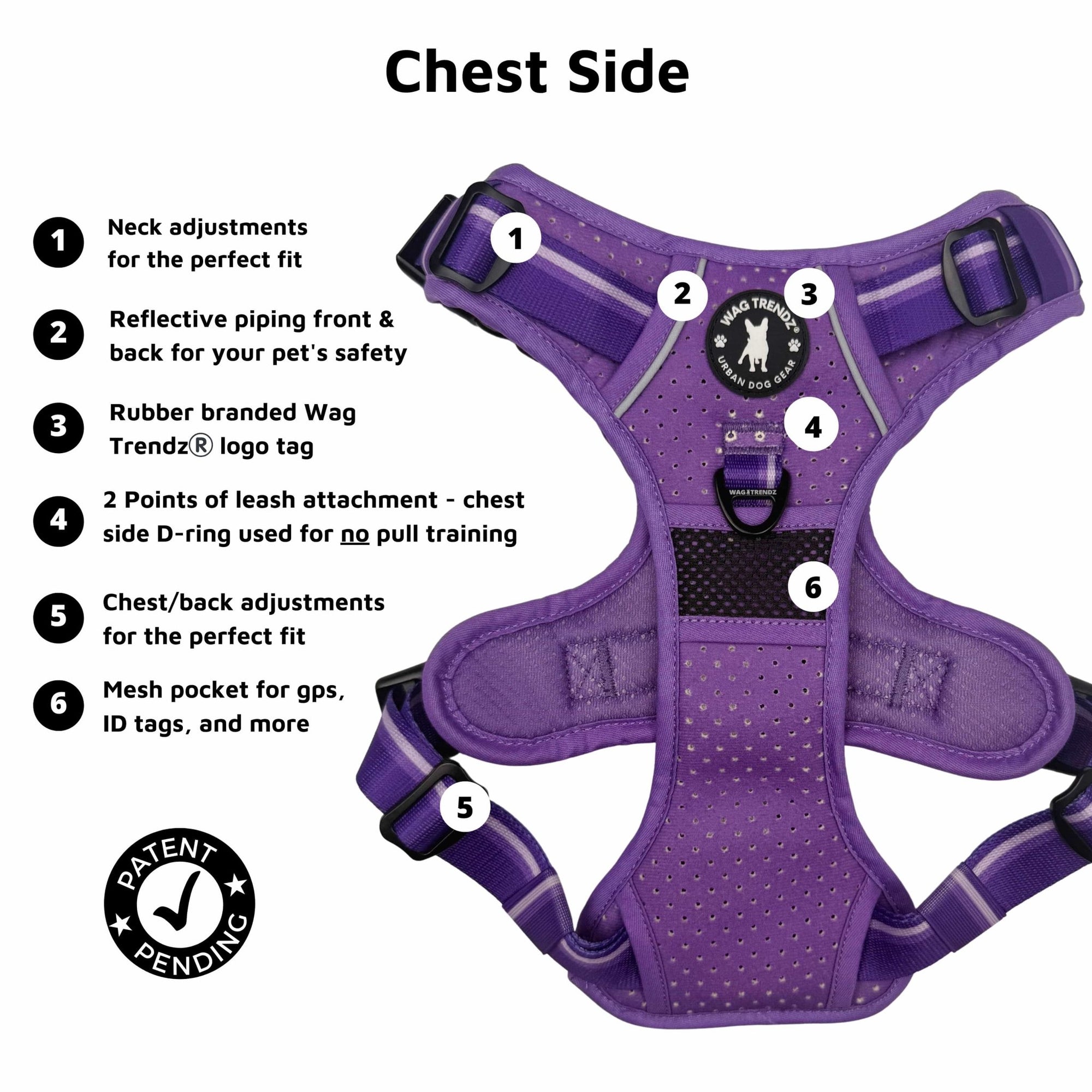 NeoCool™ Sport Dog Harness with Handle in purple with medium and light purple accents with labeled features for the chest side on a white background